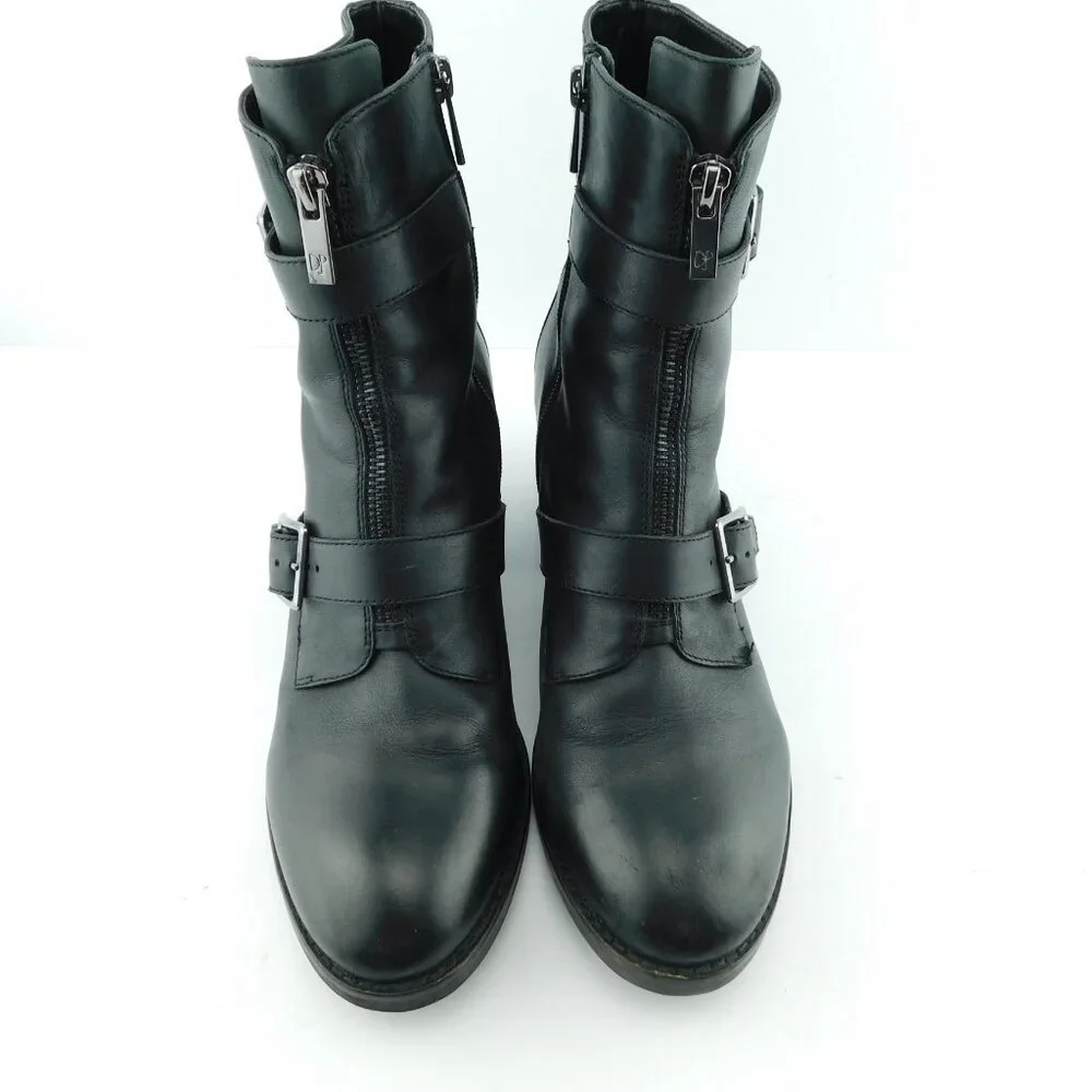 DONALD PLINER Black Leather Strap & Zipper Block Heel Ankle Boots 9.5